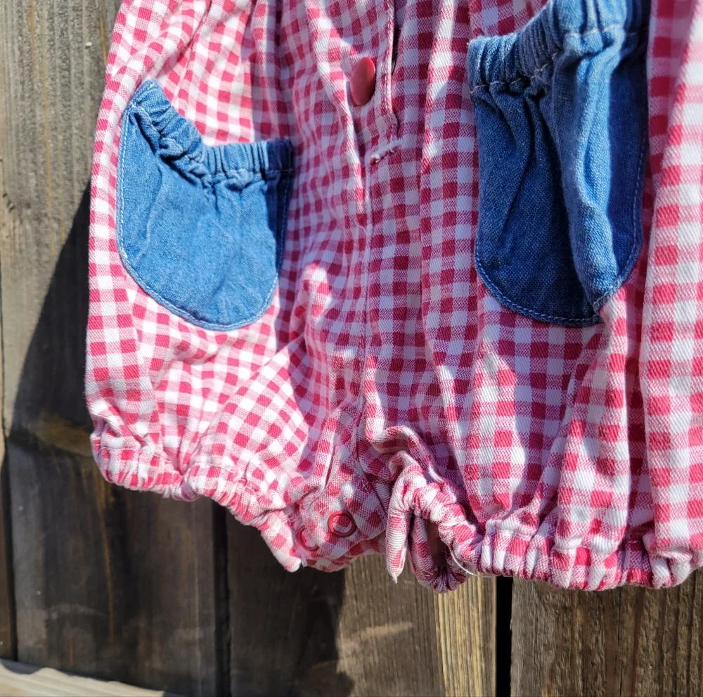 Vintage 80s/90s Romper Girls 24 Months Red Plaid with Ruffles Button Front